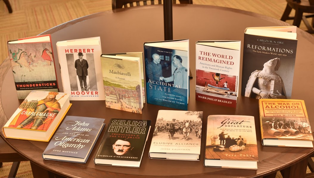 The 12 history book that Union's Delta-Psi chapter of Phi Alpha Theta purchased with its 2016 Best Chapter Award prize money are displayed on a table in the university library on December 1, 2016. Photo by Elizabeth Wilson