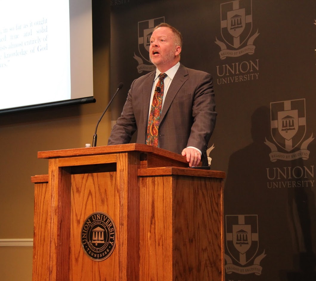 Dr. Bruce Gordon, Titus Street Professor of Ecclesiastical History at Yale Divinity School, lectures on John Calvin's INSTITUTES OF THE CHRISTIAN RELIGION in the Carl Grant Events Center on the afternoon of October 19, 2017.