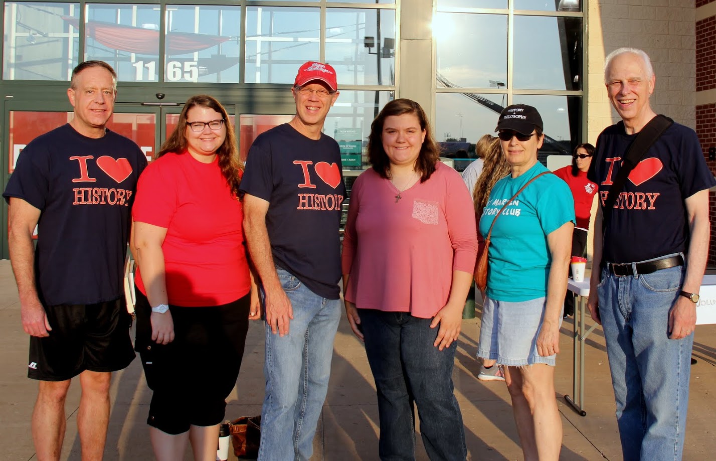 Volunteers representing Phi Alpha Theta at the Racing So They Can Ride races at Dick's Sporting Goods are (left to right) Dr. Henry Allen, Jessica Barton, Robert Briley, Cheyanne Harber, Dr. Alice-Catherine Carls, and Dr. Stephen Carls.