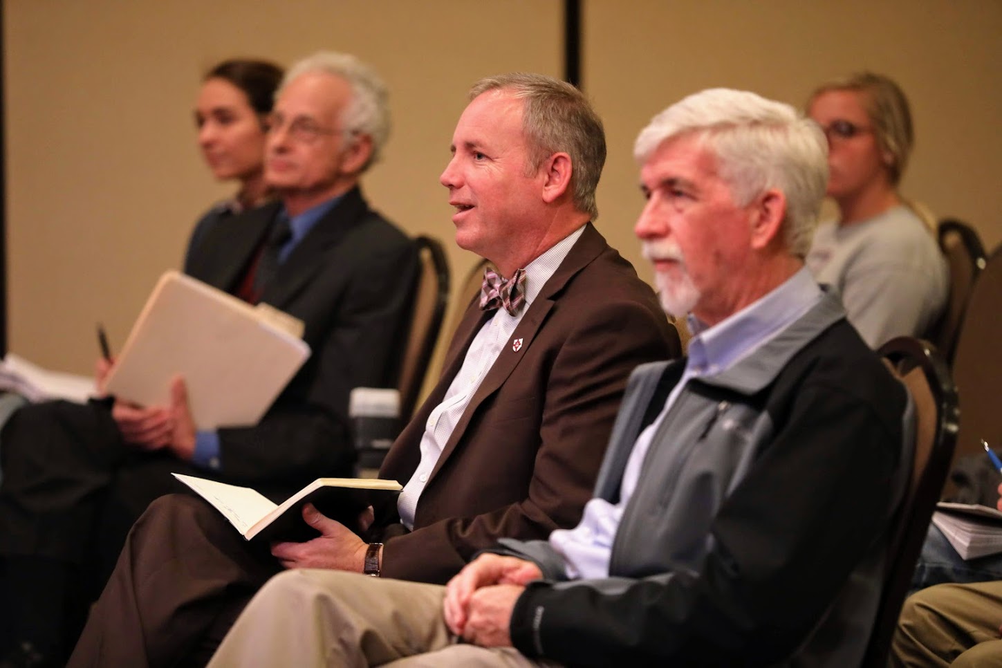 Drs. Dub Oliver (second from right) and Bill Nettles (right) attend the afternoon lecture of Professor Melvyn Leffler on October 22, 2018. Photo by Kristi Woody