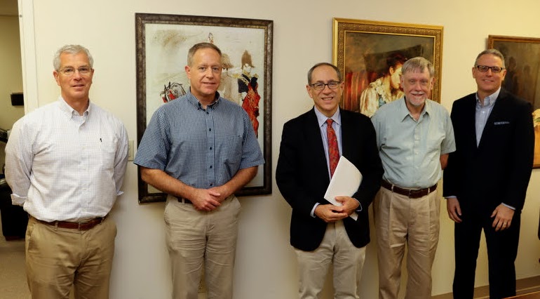 Princeton University historian Dr. David Bell (center) stands with Union University history department faculty members during a coffee time on October 25, 2021. The Union faculty members are (left to right) Drs. David Thomas, Henry Allen, Terry Lindley, and Keith Bates.