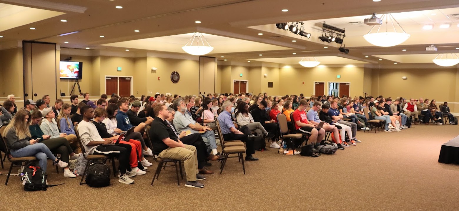 A crowd of 175 people listens to Dr. Michael Neiberg lecture on The Reconstruction of Europe after World War I: The Paris Peace Conference of 1919 on the afternoon of October 24, 2022.