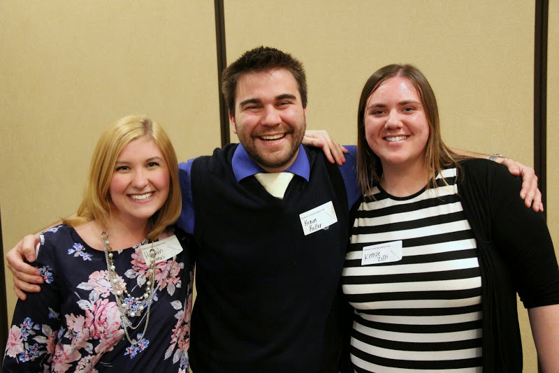 History students Hannah Jones (left to right), Kenan Keller, and Kensie Zills smile together at the Student Tennessee Education Association reception on April 30, 2015.