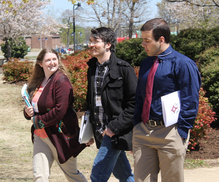 Phi Alpha Theta regional conference attendees head toward the Grant Events Center at Union University for the conference luncheon on April 2, 2016. They are (left to right) Amy Hawkins and Mark Hawkins of the University of Tennessee at Martin, and Allen Bradley of Union University.