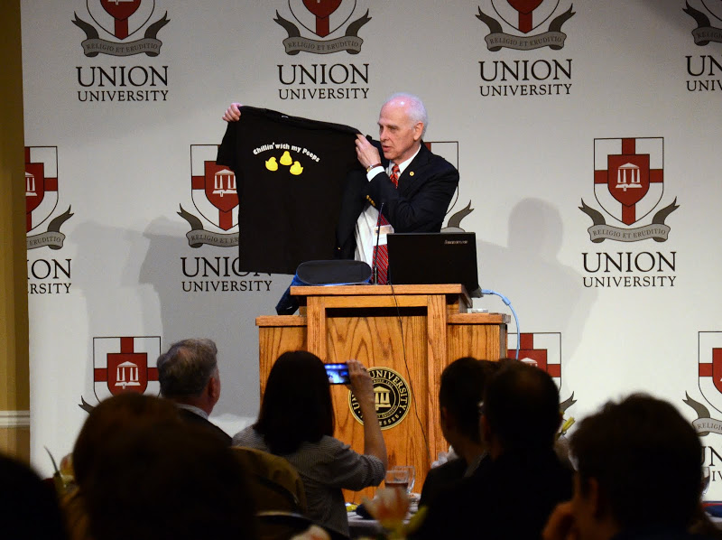 Dr. Stephen Carls shows off a Peeps T-shirt during the Phi Alpha Theta regional conference luncheon on April 2, 2016. Photo by MiKalla Cotton