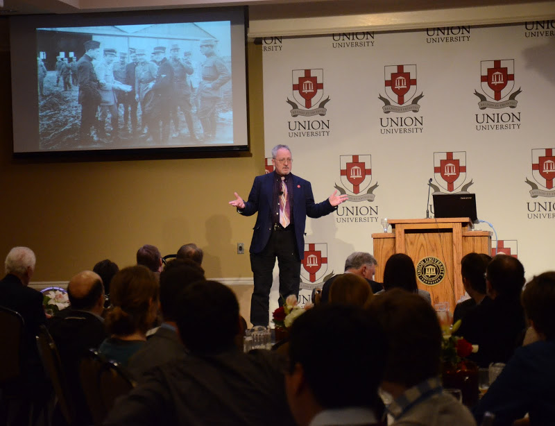 Dr. Michael Birdwell of Tennessee Technological University talks about Mud, Blood, and Slumgullion: Tennesseans' Experiences in the Great War as the luncheon keynote speaker at the 2016 Tennessee Phi Alpha Theta Regional Conference on April 2. Photo by MiKalla Cotton