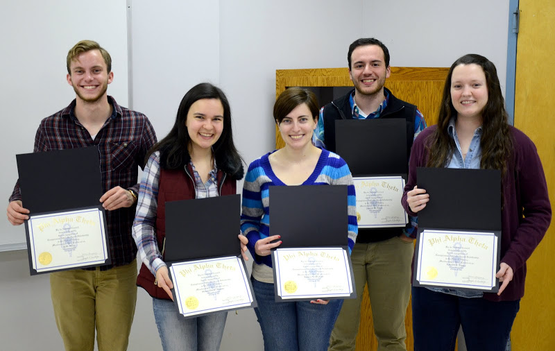 New Delta-Psi chapter members show off their Phi Alpha Theta membership certificates at the chapter's spring plenary meeting on February 22, 2016. They are: (left to right) Seth Reid, Alexandra Martin, Kelsea DuVall, Jeremy Ebert, and Lauren Geary. Photo by Elizabeth Wilson