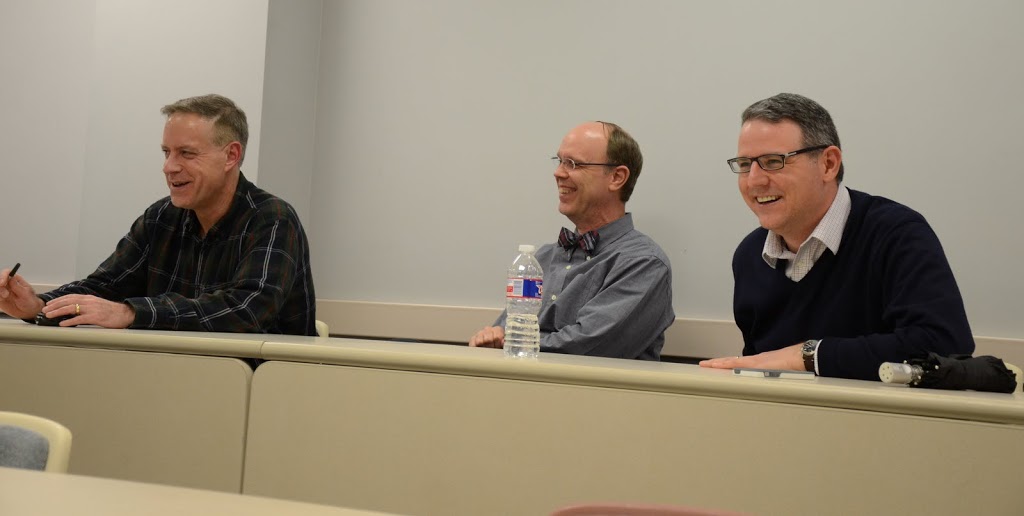 History department faculty members attending the Delta-Psi chapter's spring plenary meeting enjoy a lighthearted moment together. They are (left to right) Dr. Henry Allen, Robert Briley, and Dr. Keith Bates. Photo by Elizabeth Wilson