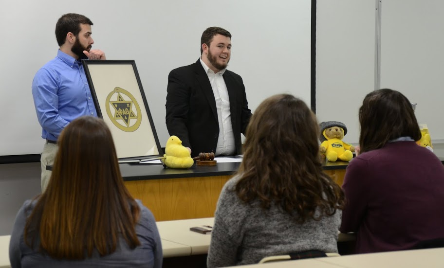 Phi Alpha Theta President Nicholas Hancock (right) opens the Delta-Psi chapter's spring plenary meeting on February 22, 2016, with Vice President Allen Bradley at his side. Photo by Elizabeth Wilson
