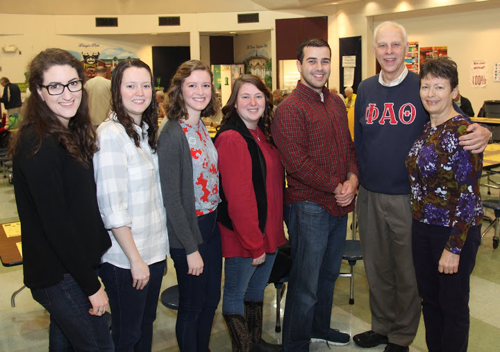 Phi Alpha Theta attendees at the Jackson Old Hickory Rotary Club Pancake Breakfast pause for a photo on their way to the breakfast line on March 12, 2016. They are (left to right) Olivia Winters, Lauren Geary, Beth Adams, Kathryn Mitchell, Allen Bradley, Dr. Stephen Carls, and Dr. Alice-Catherine Carls.