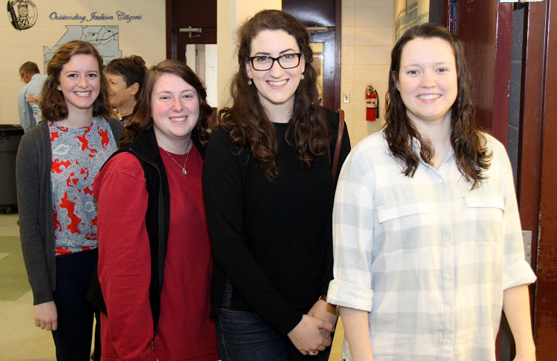 Phi Alpha Theta members Beth Adams (left to right), Kathryn Mitchell, Olivia Winters, and Lauren Geary stand in line for breakfast at the Jackson Old Hickory Rotary Club Pancake Breakfast at Andrew Jackson Elementary School on March 12, 2016.
