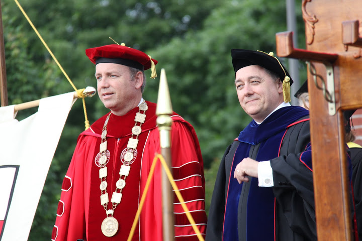 Union University President Dr. Samuel W. Dub Oliver (left) and commencement speaker Dr. Jerry A. Johnson watch the graduation processional on May 21, 2016.