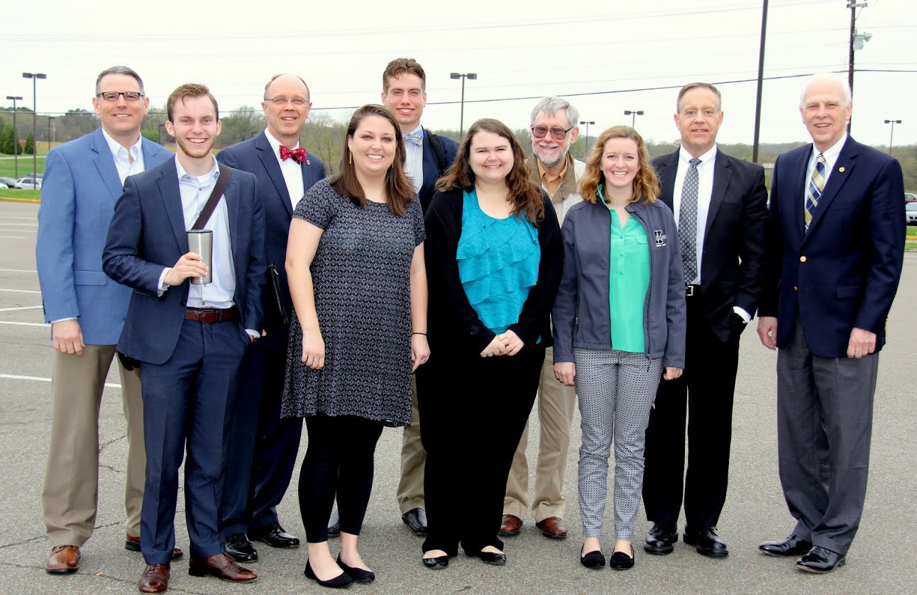 Delta-Psi chapter participants at the 2017 Tennessee Phi Alpha Theta Regional Conference at the University of Tennessee at Martin on April 1 stand together after their arrival at the conference site. They are (left to right) Dr. Keith Bates, Seth Reid, Robert Briley, Emily Littleton, Stephen Lewoczko, Jessica Barton, Dr. Terry Lindley, Beth Adams, Dr. Henry Allen, and Dr. Stephen Carls.