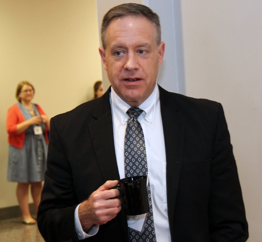 Dr. Henry Allen enjoys a cup of coffee prior to the start of the panel sessions at the Phi Alpha Theta regional conference in Martin on April 1, 2017.