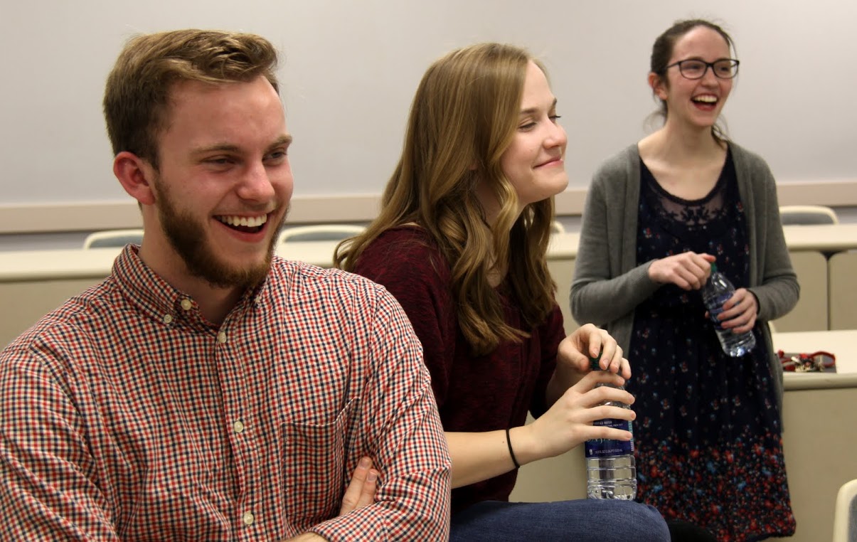 Phi Alpha Theta students relax after the Delta-Psi chapter's spring plenary meeting on February 27, 2018. They are (left to right) Seth Reid, Megan Ledbetter, and Lauren Butler.