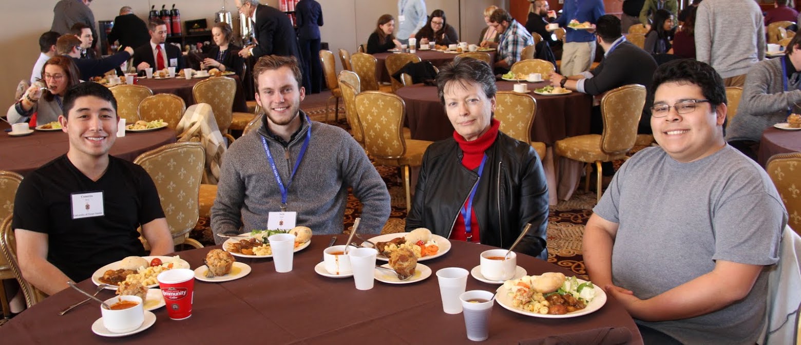 Phi Alpha Theta convention attendees enjoy lunch together on January 4, 2018. They are (left to right) Cameron Woo (University of Texas - Austin), Seth Reid (Union University), Dr. Alice-Catherine Carls (University of Tennessee at Martin), and Josue Teniente (University of Texas - Austin).