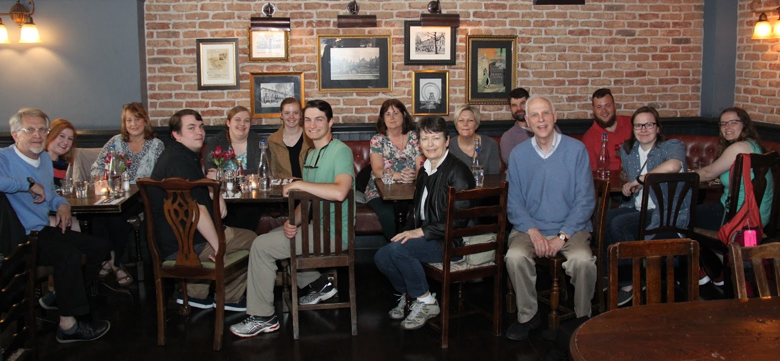 The World War I trip participants join together for a welcome dinner at the Devonshire Arms restaurant in London on May 21, 2018. They are: (left to right) Rick Rickard, Caraline Rickard, Ronda Rickard, Micah Pinkley, Susannah Murphine, Ansley Moore, Samuel Walgren, Jeanne Reed, Dr. Alice-Catherine Carls, Wendy Lay, Christopher Ray, Dr. Stephen Carls, Alex Carr, Mary Long, and Emily Hedges.