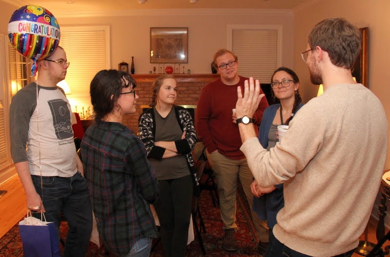 Attendees at the Phi Alpha Theta cookout have a conversation together at the end of the event on May 11, 2019. They are (left to right) Will Choate, Lillie Salazar, Megan Ledbetter, Nathan Heatherly, Katie Allison, and Luke Sower (back to camera).