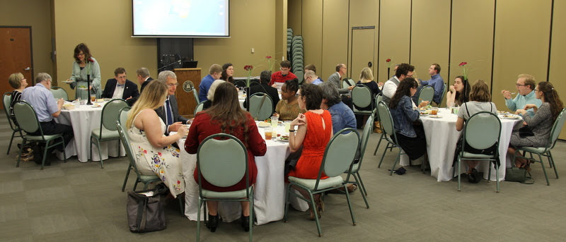 Attendees at the History Department Awards Banquet on May 2, 2019, enjoy their meals.