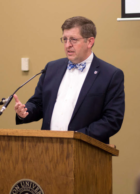 Dr. Ray Van Neste talks about the importance of history in people's lives as the keynote speaker at the history awards banquet on May 2, 2019. Photo by Nicole Grim