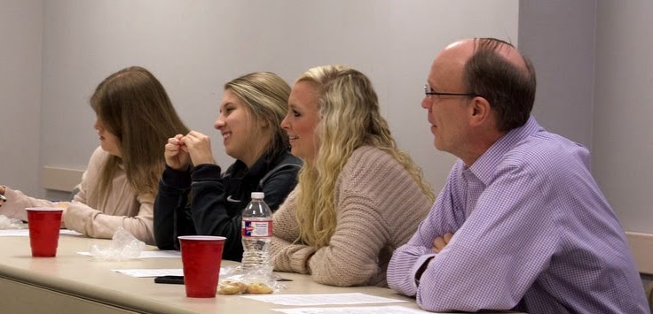 Attendees at the Phi Alpha Theta spring plenary meeting on February 25, 2020, listen to Dr. Stephen Carls talk about upcoming Delta-Psi chapter events. They are (left to right) Hannah Ratliff, Addison Osborne, Jennifer Briley, and Robert Briley. Photo by Naomi Mengel
