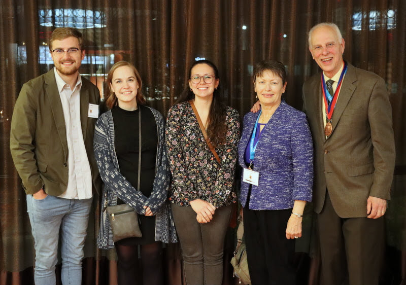 Union University students with Drs. Alice-Catherine Carls of the University of Tennessee at Martin (second from right) and Dr. Stephen Carls of Union University (right) following Presidential Banquet on Jan 4, 2020. The students are (left to right) Luke Sower, Megan Ledbetter, and Katie Allison.