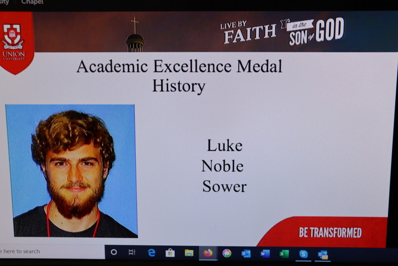 Luke Sower is announced as the recipient of the Academic Excellence Medal in History at Union University's Virtual Awards Day celebration on May 1, 2020.
