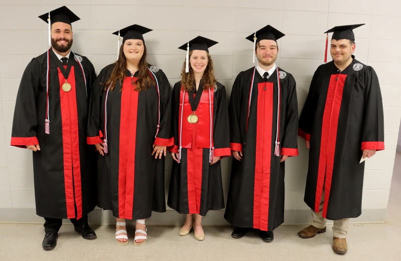 Union's history major graduates stand together prior to the undergraduate commencement ceremony at the Oman Arena on May 21, 2022. They are (left to right) Nicholas Terra, Sandra Allen, Anne Adams, Walker Beasley, and Dalton Lefave. Terra, Adams, Allen, and Beasley wear Phi Alpha Theta honor cords as members of that national history honor society.