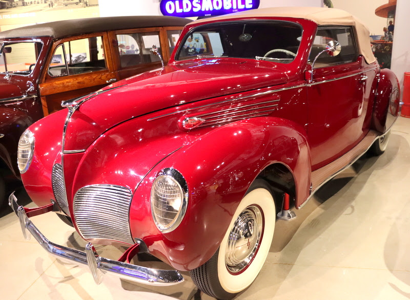 A 1938 Lincoln Zephyr convertible is one of the automobiles that members of the Union University group saw in the Transportation Gallery of Discovery Park of America on April 1, 2023.