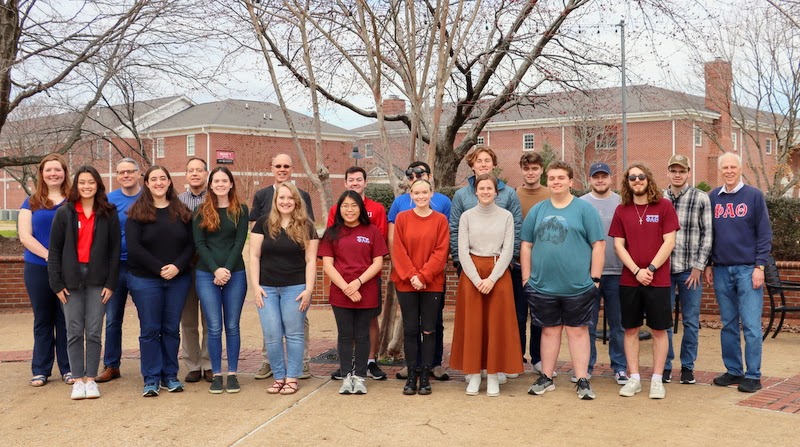 Members of the Delta-Psi chapter of Phi Alpha Theta stand together near Union University's fountain during their spring plenary meeting on February 20, 2023. They are (front row, left to right) Makayla Baker, Joy Brown, Samantha Poore, Breanna Edmiston, Lydia McGinnis, Abbie Hobson, Anna Yadkowski, Austin Alexander, and Nicholas Palmer; (back row, left to right) Abigail Gilbert, Dr. Keith Bates, Dr. Henry Allen, Robert Briley, Jack Jenkins, Christian Young, Tad Binkley, Jacob Frederick, John Garland, William Houston, and Dr. Stephen Carls.
