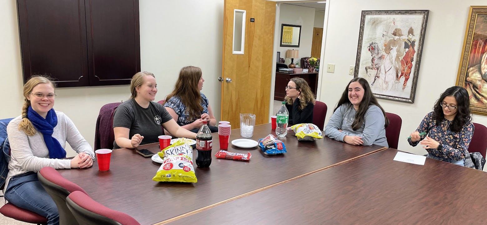 Rutledge History Club members enjoy refreshments and conversation prior to the watching the movie QUIZ SHOW on March 15, 2023. They are (left to right) Anna Guelcher, Breanna Edmiston, Abigail Gilbert, Anna Williams, Joy Brown, and Nayelli McDowell.