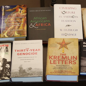 The books that the Delta-Psi chapter purchased with the $250 prize it received as part its 2019 Phi Alpha Theta Best Chapter Award are displayed in the library on December 5, 2019. Photo by Kristi Woody.