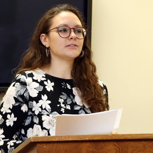 History major Katie Allison presents an abridged version of her history honors thesis on “Biblical Feminism: An Oxymoron?” at her thesis defense on December 9, 2019.