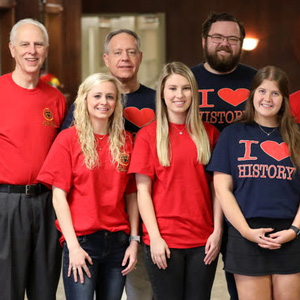 Phi Alpha Theta History Honor Society members join together for a photo during the Delta-Psi chapter's T-shirt Spirit Day on March 9, 2020. They are: (front row, left to right) Jennifer Briley, Addison Osborne, Hannah Ratliff, Rebekah Lisle, and Katie Allison; (back row, left to right) Dr. Stephen Carls, Dr. Henry Allen, Christopher Hearn, Reagan Smith, Luke Sower, and Dr. Keith Bates. Photo by Kristi Woody