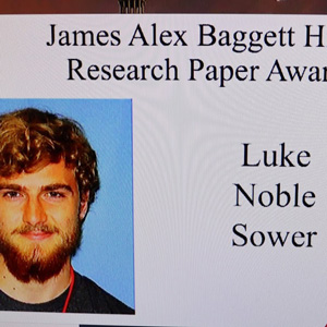 Phi Alpha Theta member Luke Sower is announced as the first place winner in the Dr. James Alex Baggett History Research Paper Competition at Union University's Virtual Awards Day celebration on May 1, 2020.