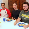 Allen Bradley (left to right), Jonmark Hetrick, and Niicholas Hancock enjoy their dinners together at the Best Chapter Award pizza party on October 16, 2015.