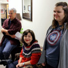 Dr. David Thomas (third from right), Priscilla Porter (second from right), and Jessica Barton (right) wait in the Jones Suite of Union's PAC building for the start of a Phi Alpha Theta-sponsored community service project at Britton Lane Battlefield on November 3, 2015. In the background are Nicholas Hancock (left) and Logan Smith.