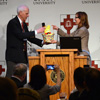 Dr. Minoa Uffelman of Austin Peay State University presents an Austin Peeps basket to Dr. Stephen Carls at the Tennessee Phi Alpha Theta Regional Conference on April 2, 2016. Photo by MiKalla Cotton
