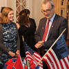 Phi Alpha Theta member Beth Adams talks with Louis de Corail, the Consul Gï¿½nï¿½ral de France in Atlanta, at a reception in Memorial Hall at First Presbyterian Church in Jackson following a World War I commemoration program that the Tennessee Great War Commission sponsored on November 4, 2016.