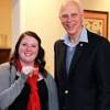 Kathryn Mitchell shows off the Tennessee Great War Commission pin she has just received from Dr. Stephen Carls on December 10, 2016, for her work at a Great War Symposium event at Jackson's First Presbyterian Church in early November.