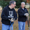 Delta-Psi President Seth Reid (left to right), Dr. Keith Bates, and Dr. David Thomas participate on a mulching crew at the History Department/Phi Alpha Theta community service project at Liberty Garden Park as a part of Union's Campus and Community Day on November 7, 2017.