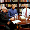 Dr. Melvyn Leffler (left), the 2018 Carls-Schwerdfeger History Lecturer, enjoys an afternoon break with history department members on October 22. They are (left to right) Drs. Henry Allen, David Thomas, and Terry Lindley.