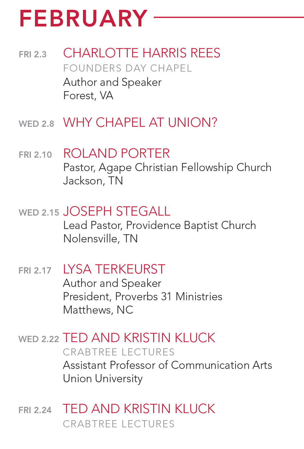 February Schedule