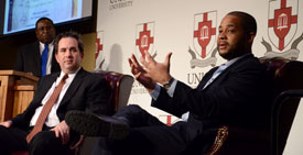 Bryan Loritts (right), lead pastor of Fellowship Memphis, and John Bryson, the church's teaching pastor, speak at Union's Black History Month program Feb. 27. (Photo by Jacob Moore)