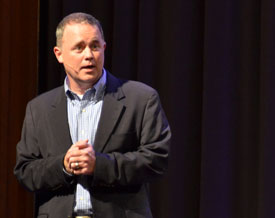 Todd Brady, vice president for university ministries, speaks at a chapel service Aug. 16 for new students. (Photo by Morris Abernathy)
