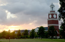 Miller Tower and the Great Lawn at sunset. (Photo by Ebbie Davis)