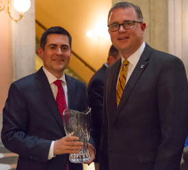 Russell D. Moore (left), president of the Southern Baptist Ethics and Religious Liberty Commission, with Todd Brady, Union's vice president for university ministries. Brady presented Moore with Union's Dodd Award. (Photo by Dan Drennen)