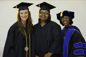Jennifer Jones (left) and Latoria Neal (center) received their Bachelor of Social Work degrees during the July 25 graduation. Also pictured is Rhonda Hudson (right), professor of social work. (Photo by Kristi Woody)