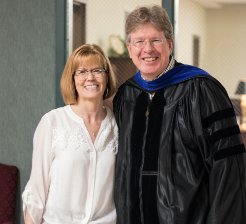 Suzanne Barham (left) won the Gary L. Carter Staff of the Year Award, while Mark Bolyard received the Carla D. Sanderson Faculty  of the Year Award. (Photo by Janelle Vest)