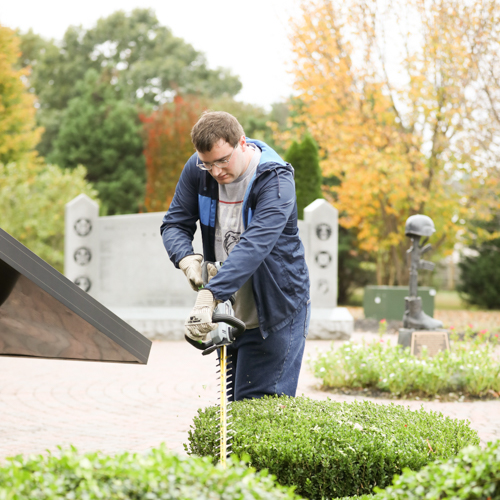 Miles Randall, senior film studies major, trims hedges in Liberty Garden Park and Arboretum during the 17th annual Campus and Community day Oct. 29, 2019. (Photo by Kristi Woody)  